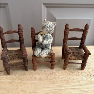 Vintage 5" Miniature Wood Doll House Chair’s. Set of 3 with a small handmade cat